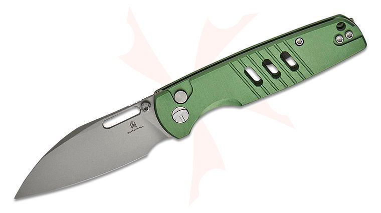 Bestechman Vector Button Lock Folding Knife 3.15 inch D2 Bead Blast Modified Wharncliffe Blade, Green Aluminum Handles
