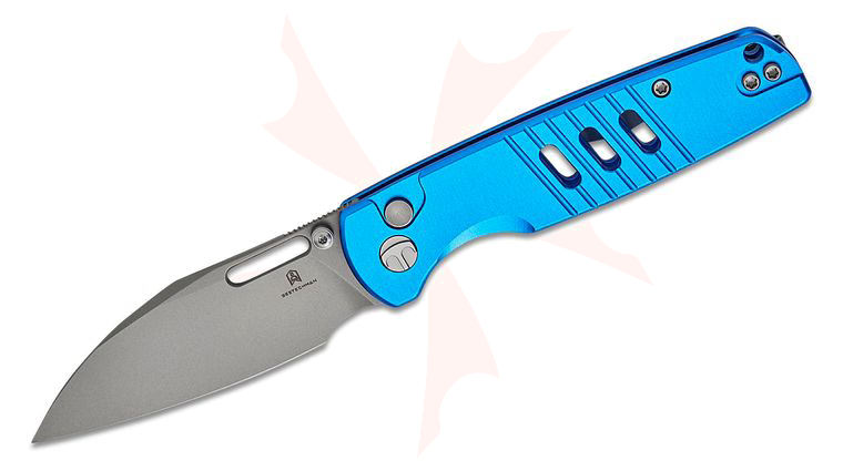 Bestechman Vector Button Lock Folding Knife 3.15 inch D2 Bead Blast Modified Wharncliffe Blade, Blue Aluminum Handles