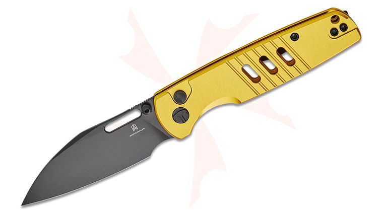 Bestechman Vector Button Lock Folding Knife 3.15 inch D2 Black PVD Modified Wharncliffe Blade, Gold Aluminum Handles
