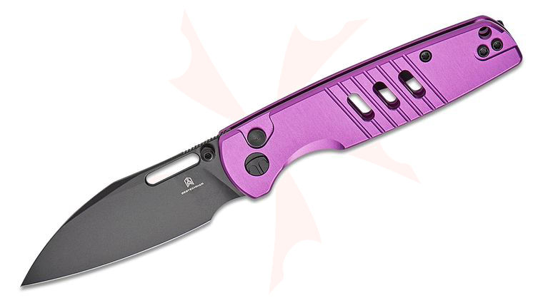 Bestechman Vector Button Lock Folding Knife 3.15 inch D2 Black PVD Modified Wharncliffe Blade, Purple Aluminum Handles