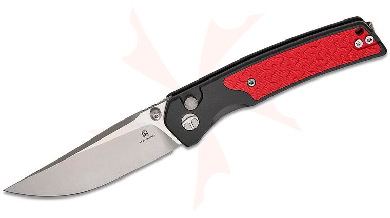 Bestechman Icebreaker Button Lock Folding Knife 3.15 inch D2 Satin Clip Point Blade, Black Aluminum Handles with Red G10 Inlay, Reversible Clip