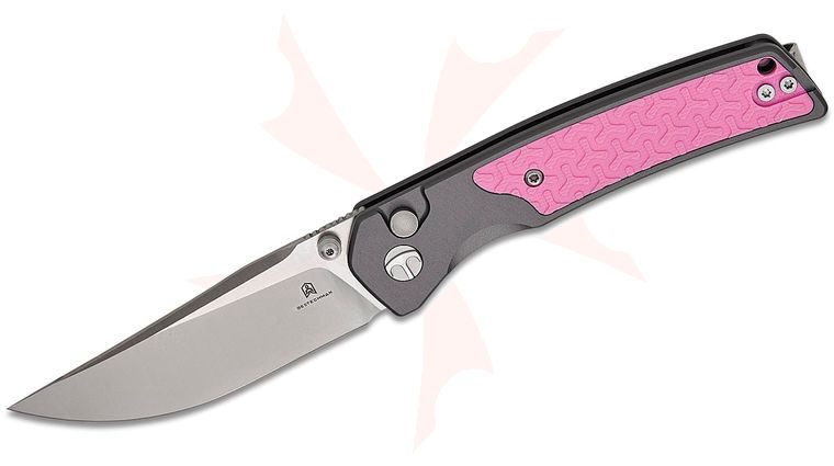 Bestechman Icebreaker Button Lock Folding Knife 3.15 inch D2 Satin Clip Point Blade, Gray Aluminum Handles with Pink G10 Inlay, Reversible Clip