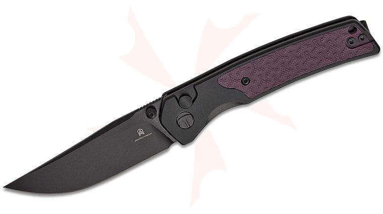 Bestechman Icebreaker Button Lock Folding Knife 3.15 inch D2 Black PVD Clip Point Blade, Black Aluminum Handles with Purple G10 Inlay, Reversible Clip
