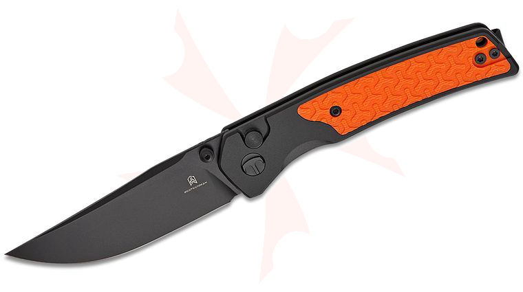 Bestechman Icebreaker Button Lock Folding Knife 3.15 inch D2 Black PVD Clip Point Blade, Black Aluminum Handles with Orange G10 Inlay, Reversible Clip