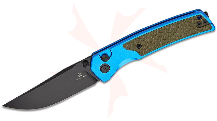 Bestechman Icebreaker Button Lock Folding Knife 3.15 inch D2 Black PVD Clip Point Blade, Blue Aluminum Handles with OD Green G10 Inlay, Reversible Clip