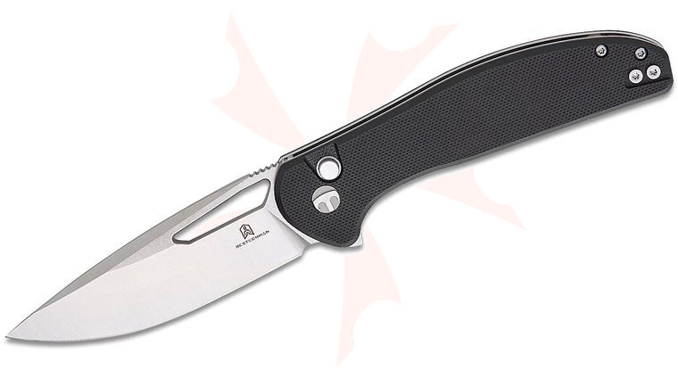 Bestechman Whalefin Button Lock Flipper Knife 3.4 inch D2 Two-Tone Drop Point Blade, Black G10 Handles, Reversible Clip
