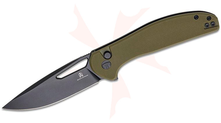 Bestechman Whalefin Button Lock Flipper Knife 3.4 inch D2 Black PVD Drop Point Blade, OD Green G10 Handles, Reversible Clip