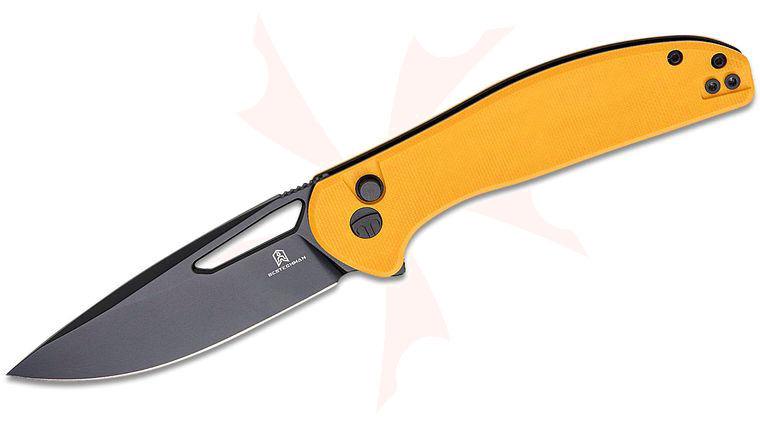 Bestechman Whalefin Button Lock Flipper Knife 3.4 inch D2 Black PVD Drop Point Blade, Yellow G10 Handles, Reversible Clip
