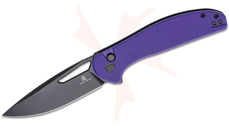 Bestechman Whalefin Button Lock Flipper Knife 3.4 inch D2 Black PVD Drop Point Blade, Purple G10 Handles, Reversible Clip