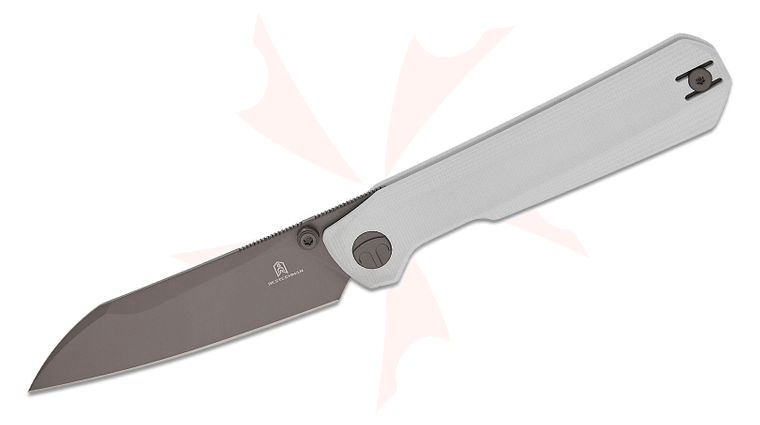 Bestechman Ostap Hel Curvee Front Flipper Knife 3.44 inch AEB-L Gray PVD Sheepsfoot Blade, White G10 Handles