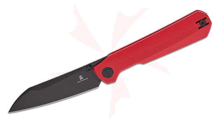 Bestechman Ostap Hel Curvee Front Flipper Knife 3.44 inch AEB-L Black PVD Sheepsfoot Blade, Red G10 Handles