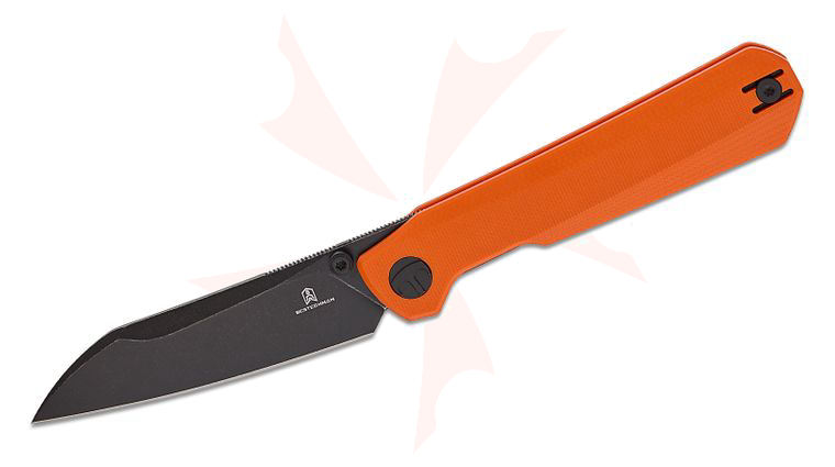 Bestechman Ostap Hel Curvee Front Flipper Knife 3.44 inch AEB-L Black Stonewashed Sheepsfoot Blade, Orange G10 Handles