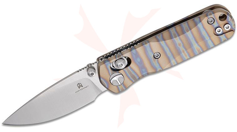 Bestechman Sprite B-Lock Folding Knife 2.36 inch M390 Two-Tone Drop Point Blade, Flamed Titanium Handles, Deep Carry Reversible Clip