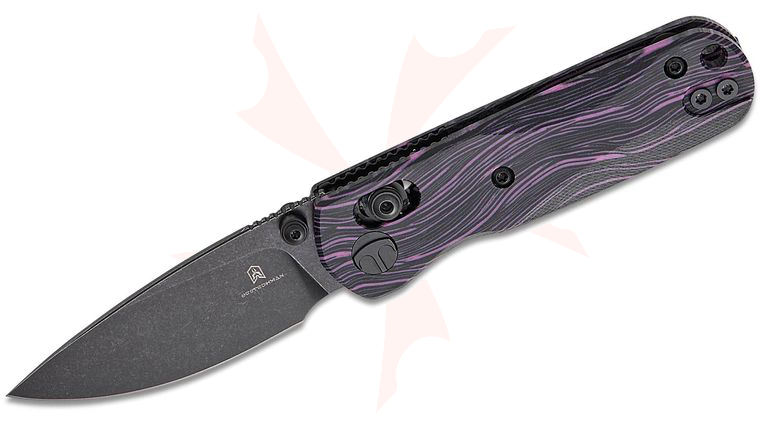 Bestechman Sprite B-Lock Folding Knife 2.36 inch M390 Black Stonewashed Drop Point Blade, Purple/Black Side Cut G10 Handles, Deep Carry Reversible Clip