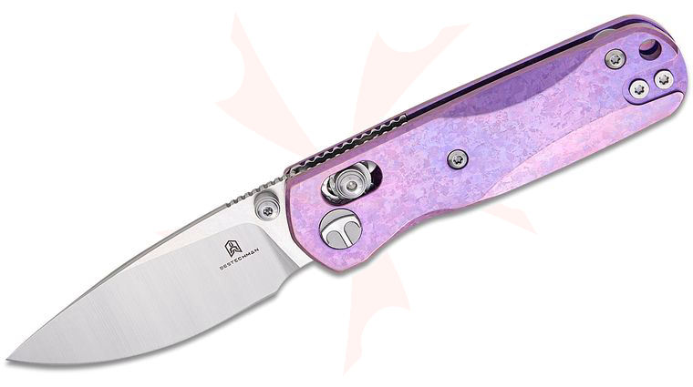 Bestechman Sprite B-Lock Folding Knife 2.36 inch M390 Two-Tone Drop Point Blade, Purple Crystallized Titanium Handles, Deep Carry Reversible Clip