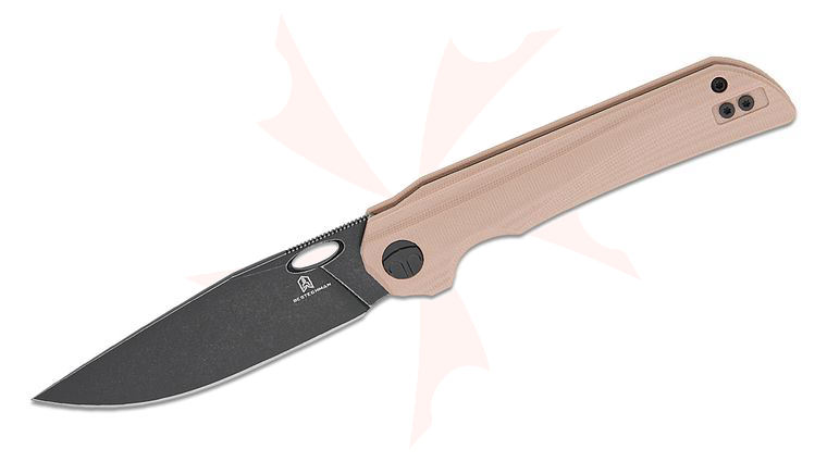 Bestechman Smuga Liner Lock Folding Knife 3.55 inch AEB-L Black PVD Stonewashed Drop Point Blade, Champagne G10 Handles