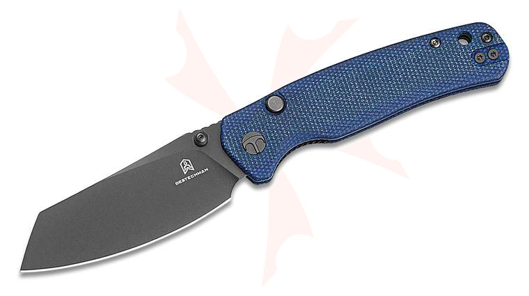 Bestechman Cicada's Wing Top Liner Lock Folding Knife 3.15 inch Black PVD Reverse Tanto Blade, Blue Micarta Handles