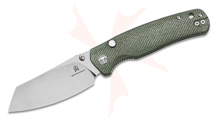 Bestechman Cicada's Wing Top Liner Lock Folding Knife 3.15 inch Satin Reverse Tanto Blade, Green Micarta Handles