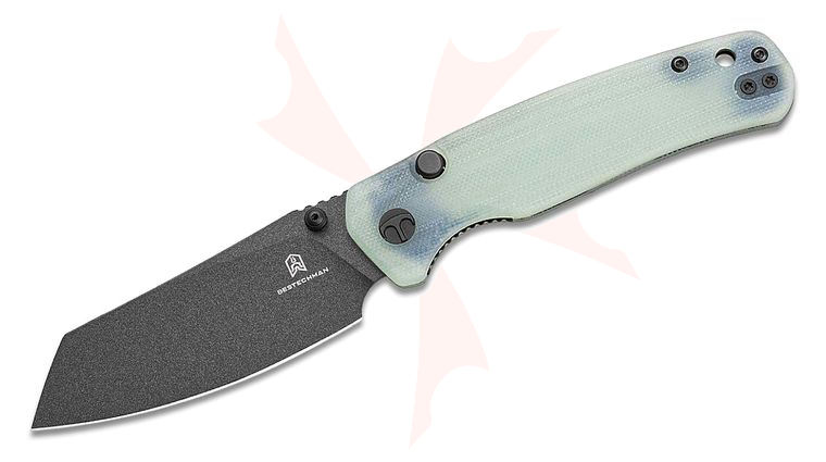 Bestechman Cicada's Wing Top Liner Lock Folding Knife 3.15 inch Black Reverse Tanto Blade, Natural (Jade) G10 Handles