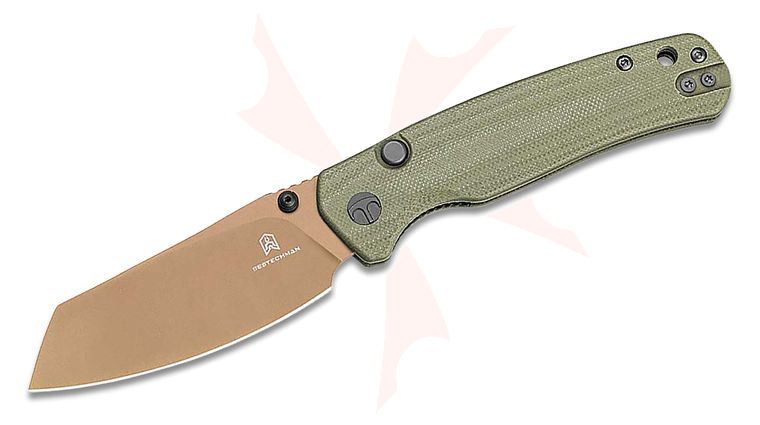 Bestechman Cicada's Wing Top Liner Lock Folding Knife 3.15 inch Gold PVD Reverse Tanto Blade, OD Green G10 Handles
