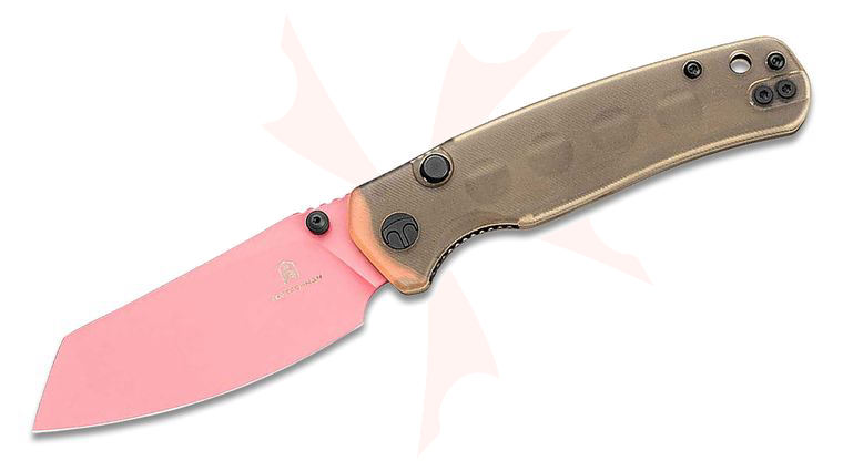 Bestechman Cicada's Wing Top Liner Lock Folding Knife 3.15 inch Pink Reverse Tanto Blade, Amber Ultem Handles