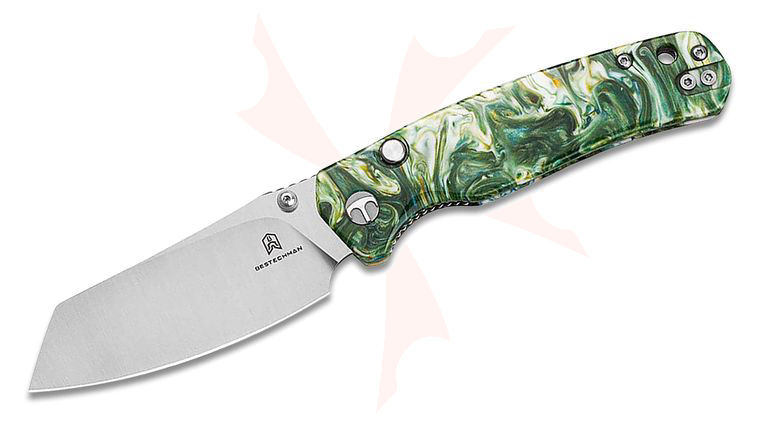 Bestechman Cicada's Wing Top Liner Lock Folding Knife 3.15 inch Satin Reverse Tanto Blade, Green Resin Handles