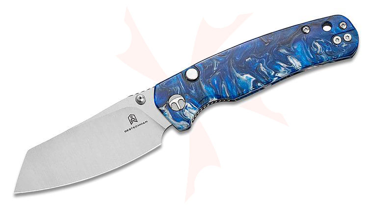 Bestechman Cicada's Wing Top Liner Lock Folding Knife 3.15 inch Satin Reverse Tanto Blade, Blue Resin Handles