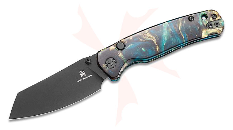Bestechman Cicada's Wing Top Liner Lock Folding Knife 3.15 inch Black PVD Reverse Tanto Blade, Clear Blue Resin Handles