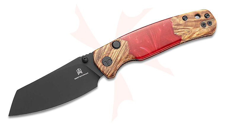 Bestechman Cicada's Wing Top Liner Lock Folding Knife 3.15 inch Black PVD Reverse Tanto Blade, Wood and Red Resin Handles