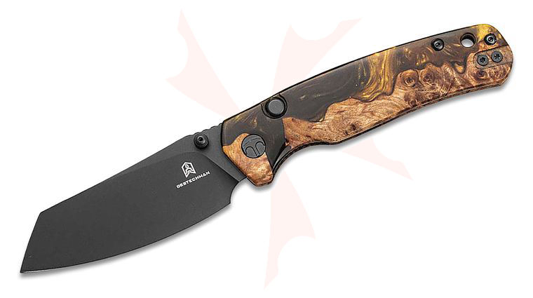 Bestechman Cicada's Wing Top Liner Lock Folding Knife 3.15 inch Black PVD Reverse Tanto Blade, Wood and Black/Gold Resin Handles