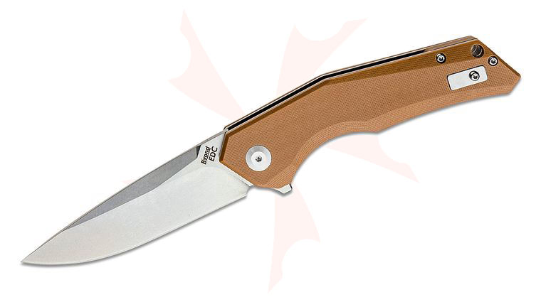 B'yond EDC Arch Flipper Knife 3.5 inch D2 Stonewashed Drop Point Blade, Brown G10 Handles