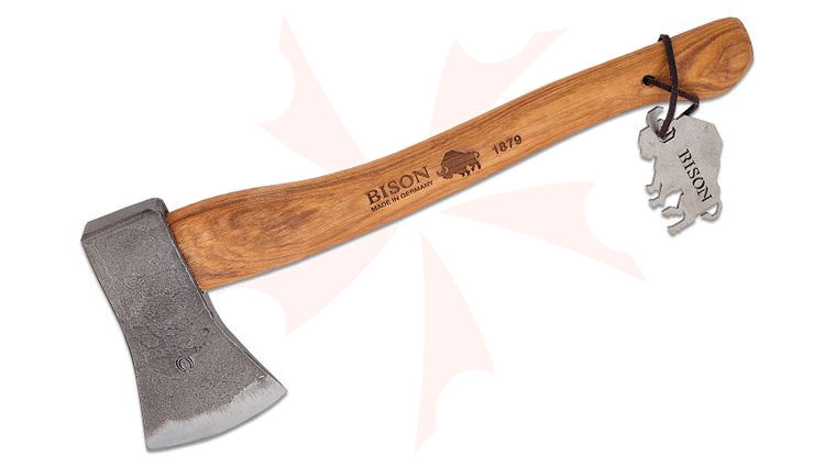 Bison 1879 Hand Forged Outdoor Hatchet, 16.25 inch Overall, Hickory Handle, Leather Sheath