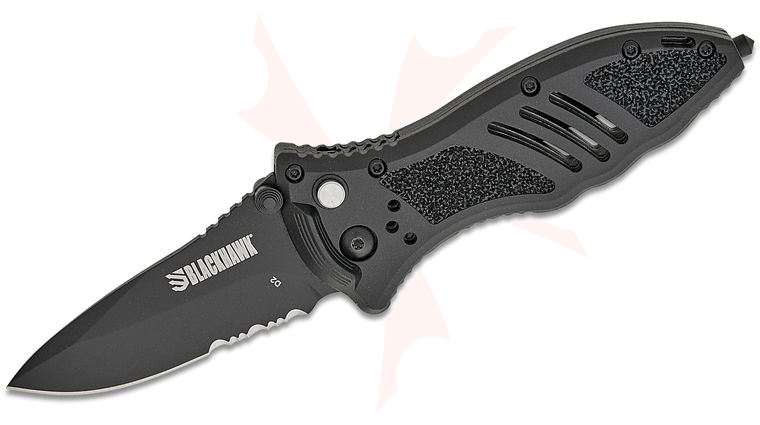 BLACKHAWK! CQD Small Folding Knife 3.25 inch D2 Black Combo Drop Point Blade, Black FRN Handles with Textured Inserts