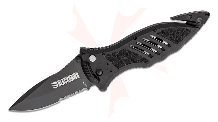 BLACKHAWK! CQD Large Folding Knife 3.75 inch D2 Black Combo Drop Point Blade, Black FRN Handles with Textured Inserts