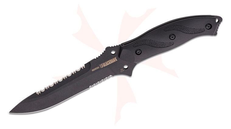 BLACKHAWK! Nightedge Combat Fixed Blade 5.94 inch D2 Black PVD Double Edge Combo Blade, Black Zytel Handle, Ballistic Sheath