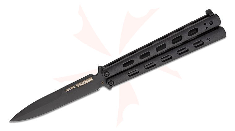 BLACKHAWK! Dark Angel Butterfly Knife 4.50 inch D2 Black Spear Point Blade. Black Stainless Steel Handles