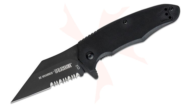 BLACKHAWK! Be-Wharned Assisted Flipper Knife 3.19 inch Black D2 Combo Wharncliffe Blade, Black G10 Handles