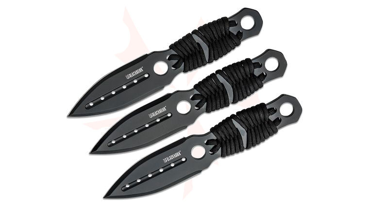 BLACKHAWK! Direct Hit 3-Piece Throwing Knife Set 8.07 inch Overall, Black Double Edge Dagger Blades, Black Paracord Handles, Nylon Sheath