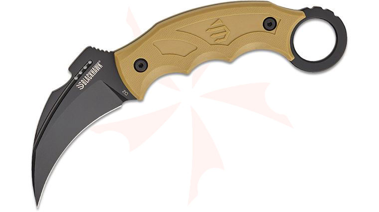 BLACKHAWK! Garra Karambit Fixed Blade Knife 3.38 inch D2 Black Hawkbill Blade, Tan Zytel Handles, Conceal Carry Kydex Sheath