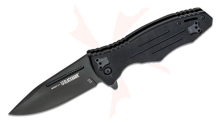 BLACKHAWK! Hornet II Assisted Flipper Knife 3.5 inch D2 Black Clip Point Plain Blade, Black G10 Handles