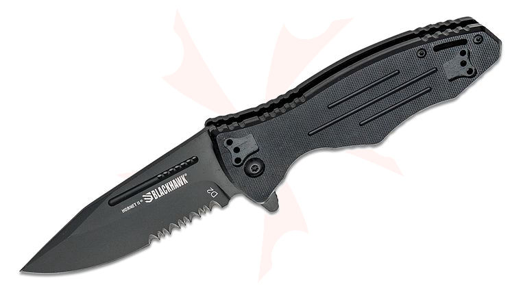 BLACKHAWK! Hornet II Assisted Flipper Knife 3.5 inch D2 Black Clip Point Combo Blade, Black G10 Handles