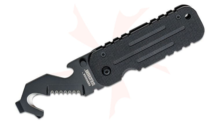 BLACKHAWK! HawkHook Frame Lock Folding Knife 2.5 inch Black Serrated Rescue Hook with Bottle Opener, Black G10 and Stainless Steel Handles