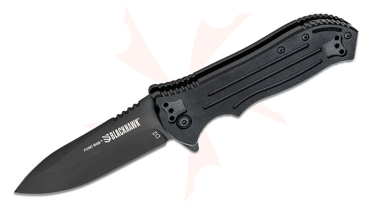 BLACKHAWK! Point Man Assisted Flipper Knife 3.31 inch Black D2 Drop Point Plain Blade, Black G10 Handles