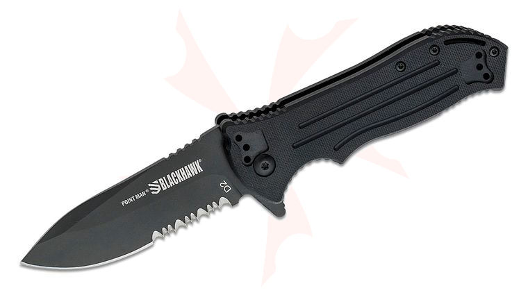 BLACKHAWK! Point Man Assisted Flipper Knife 3.31 inch Black D2 Drop Point Combo Blade, Black G10 Handles