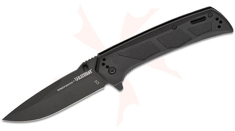 BLACKHAWK! Bunker Buster Liner Lock Flipper Knife 3.8 inch D2 Black DLC Drop Point Blade, Black GFN Handles