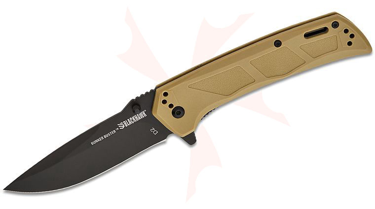 BLACKHAWK! Bunker Buster Liner Lock Flipper Knife 3.8 inch D2 Black DLC Drop Point Blade, Sand Tan GFN Handles