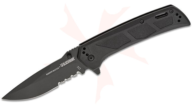 BLACKHAWK! Bunker Buster Liner Lock Flipper Knife 3.8 inch D2 Black DLC Drop Point Combo Blade, Black GFN Handles