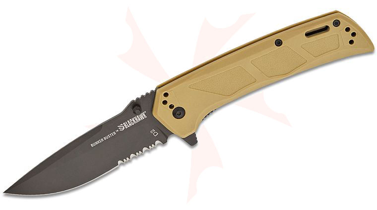 BLACKHAWK! Bunker Buster Liner Lock Flipper Knife 3.8 inch D2 Black DLC Drop Point Combo Blade, Sand Tan GFN Handles