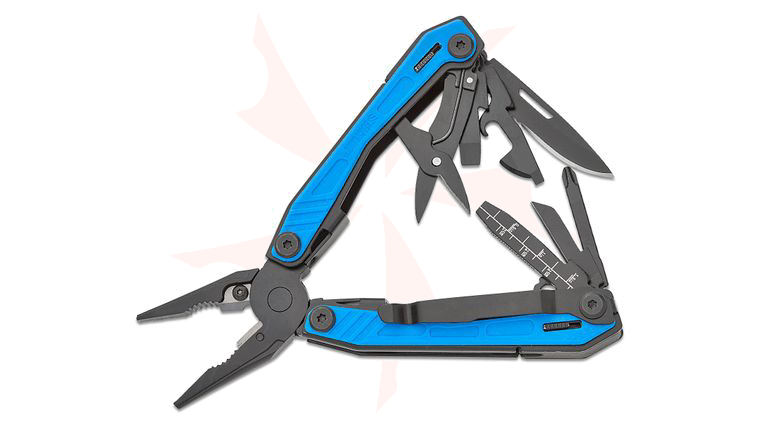 BLACKHAWK! EDC Multi-Tool 4.13 inch Closed, Black Stainless Steel with Blue Zytel Onlays, Plastic Sheath