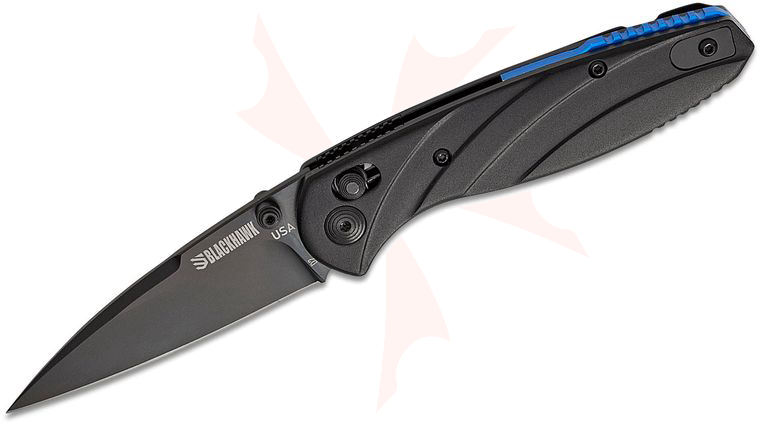 BLACKHAWK! Officer Carry Slide Lock Folding Knife 2.99 inch D2 Black DLC Wharncliffe Plain Blade, Black Aluminum Handles